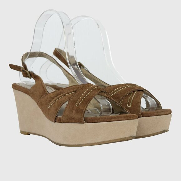 VTG HUSH PUPPIES Sling Back Suede‎ Peep Toes Wedges Platform Brown Sandals 7 M - Picture 1 of 12